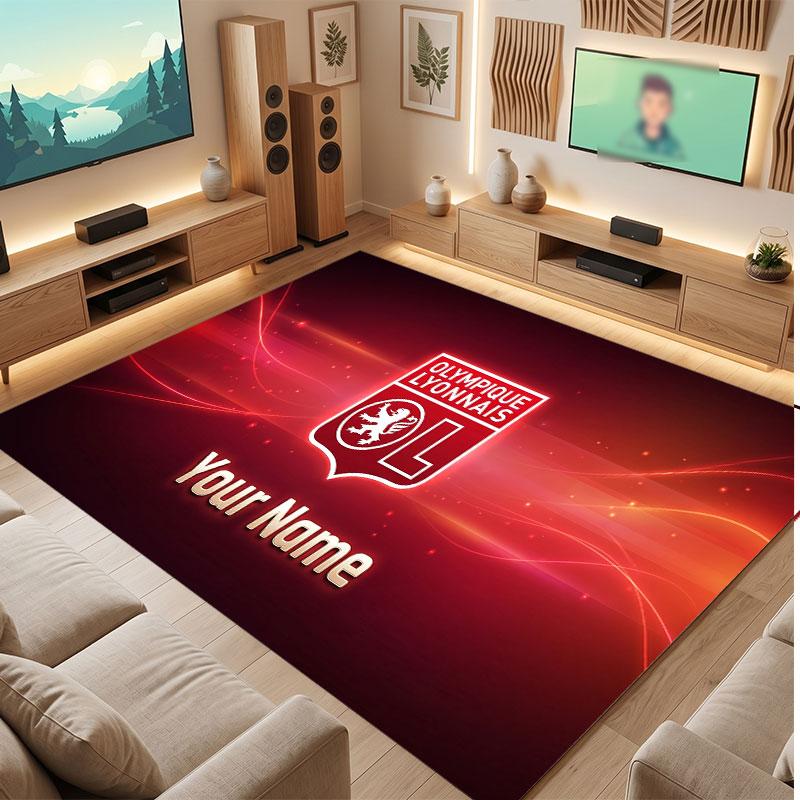 Lyon FC Custom Crystal Velvet Rug, Personalized Name Text Print, Football Logo Soft Non‑Slip Floor Mat Home Decor Gift
