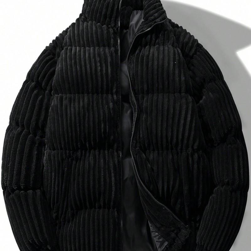 Mens Oversized Streetwear Cotton Padded Jacket Stand Collar Zip Front Solid Color Corduroy Coat Winter Casual