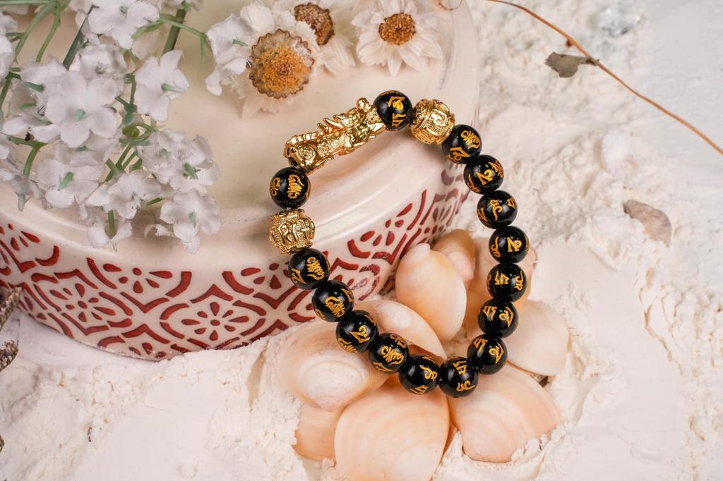 Black Beaded Bracelet with Gold Dragon Charm  Wealth & Protection Feng Shui Jewelry| Spiritual Protection Bracelet| Powerful Feng Shui Gift for Men