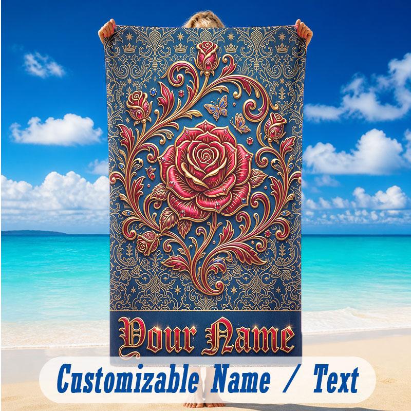 Floral Garden Theme Beach Towel Personalized Custom Name & Text Soft Quick Dry Beach Towel for Swimming Travel