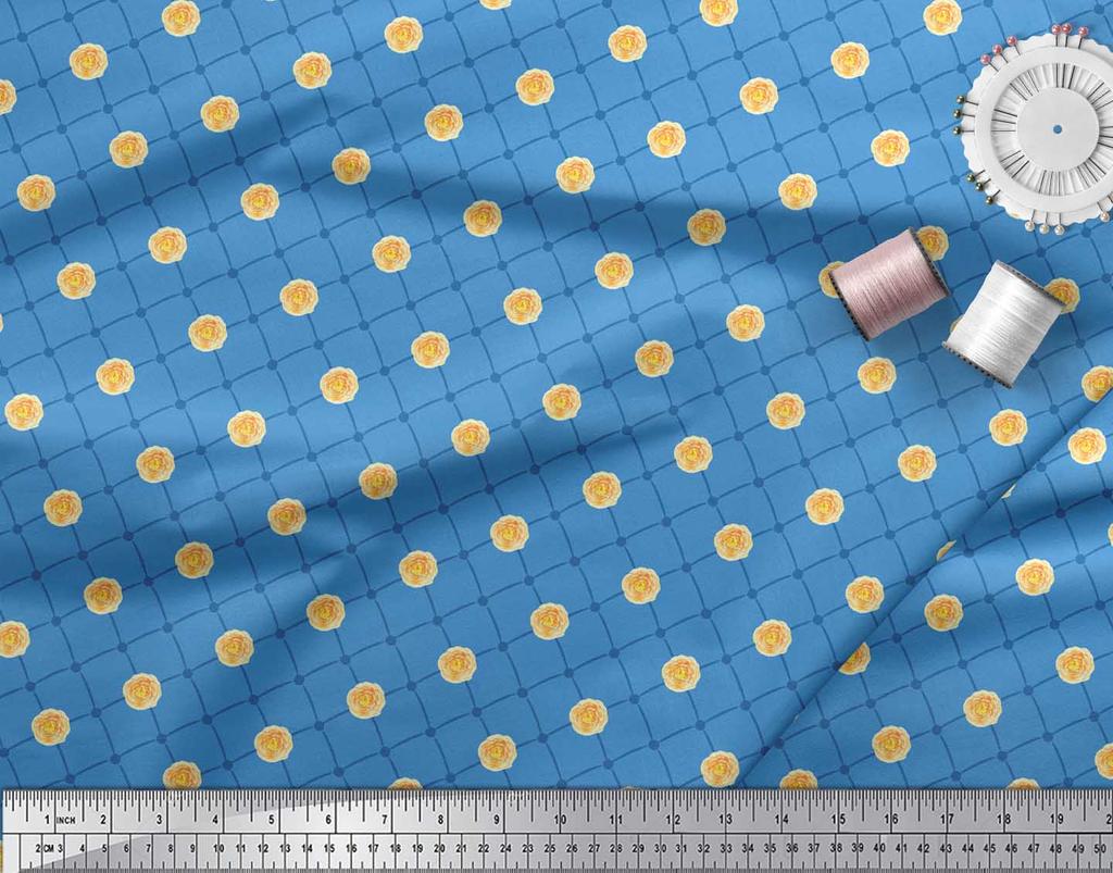 Soimoi Blue Japan Crepe Satin Fabric Marigold Geometric Print Fabric by metre 42 Inch