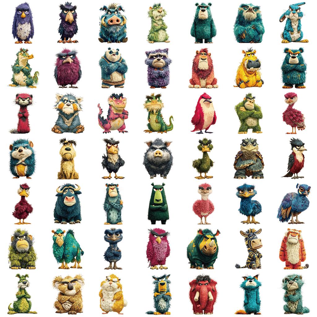 50pcs Grumpy Retro Animal Stickers Lion Elephant Bird PVC Stickers for Laptops, Phone Cases, Guitars, Skateboards & More