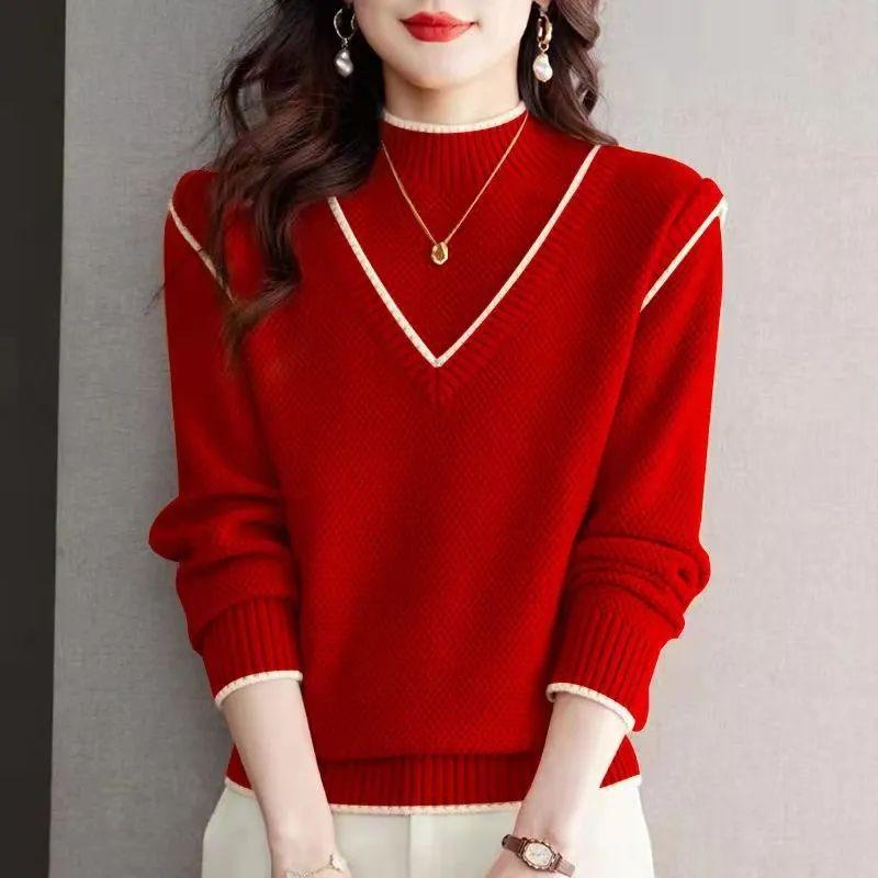 Women's Autumn and Winter Two-piece Sweater Half Turtleneck Pullover Sweater New Fashion Versatile Patchwork Bottoming Shirt