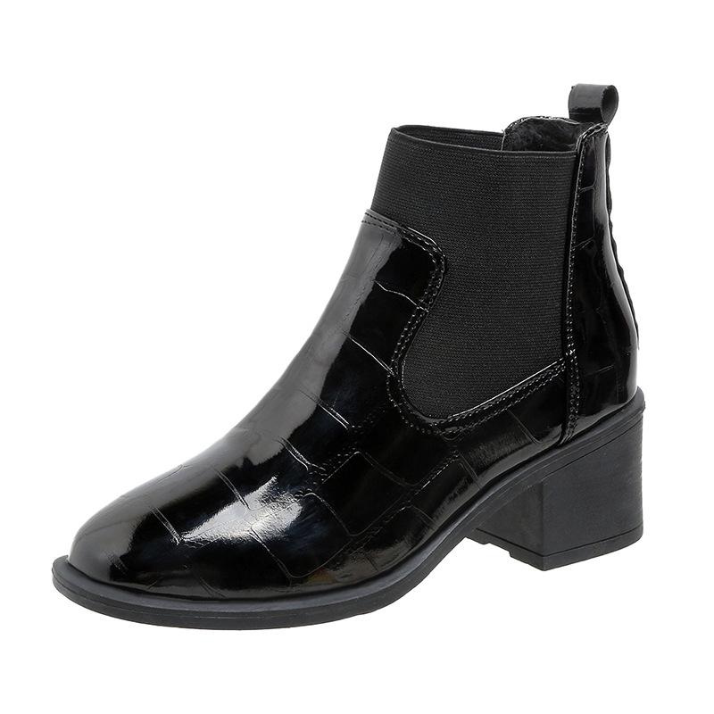 Women's  Autumn/Winter British Lacquer Leather Mid Heel Boots Round Toe High Heels Shiny Leather Women's Boots