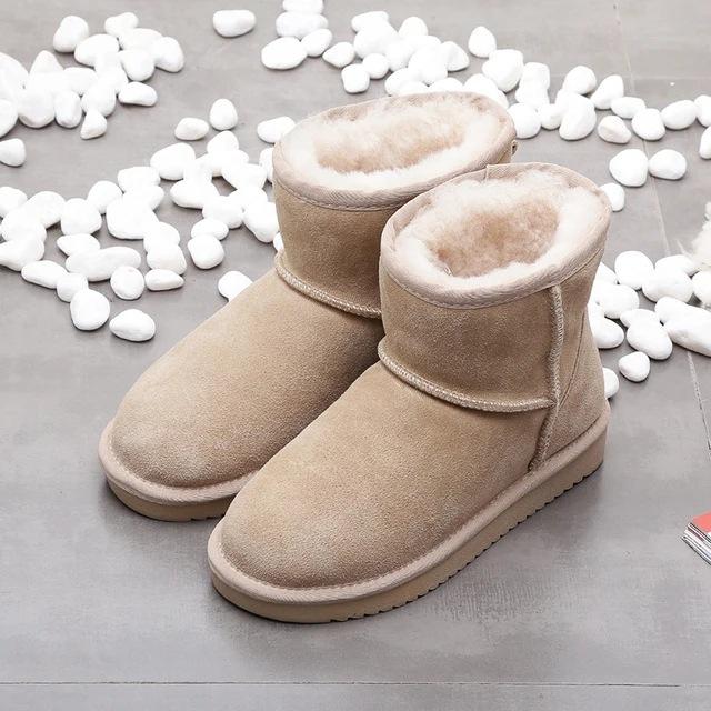 Winter Leather Classic Snow Boots Women Snow Boots Women's Cow Leather Ankle Boots Plus Size Women Shoes Flat Bottom with Plush Cotton Boots