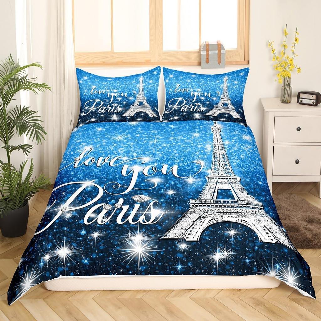 Watercolor Blue Sequin Duvet Cover Queen King Size Girls Teen Bedding Set Eiffel Tower Ombre Diamond Quilt Cover Home Decor