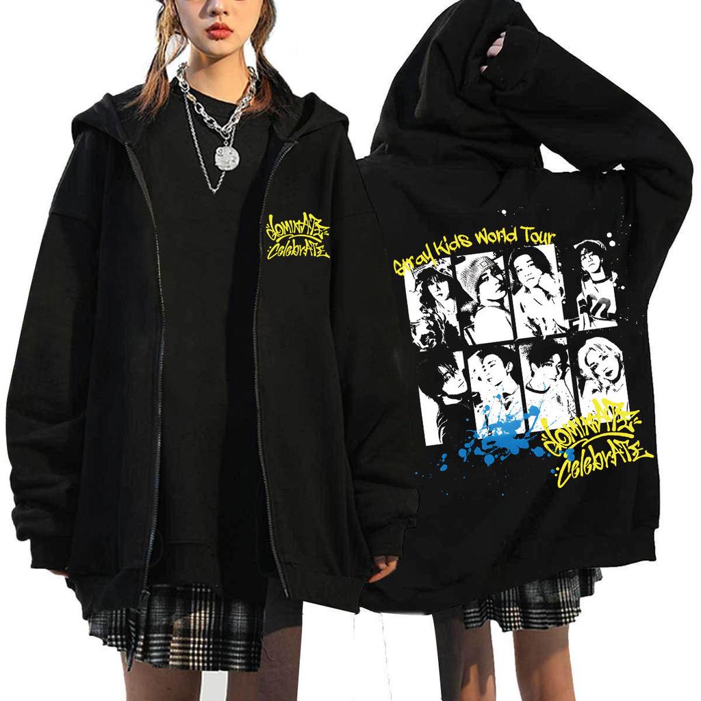 Stray Kids Доминируй:Празднуйте Мерч Худи с принтом Харадзюку Свободная на молнии