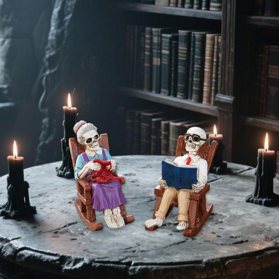2 шт. Хэллоуин Качалка Скелет Пожилые Статуи Маленькая Читающая Вяжущая Скелет Фигурка Смола Ремесло для Двора Газона Крыльца Декор