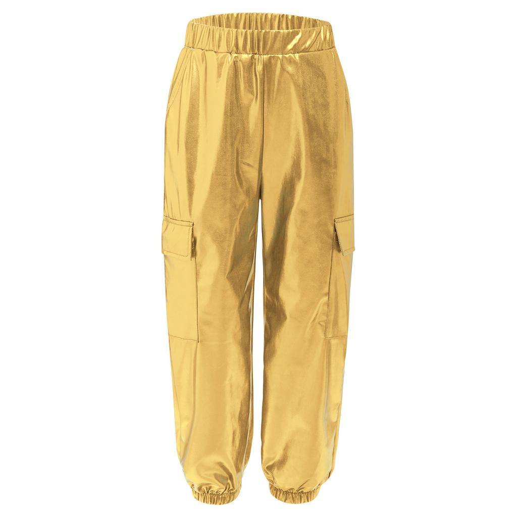 Unisex Kids Metallic Shiny Pants Elastic Waistband Design Hip Hop Jazz Dance Trousers