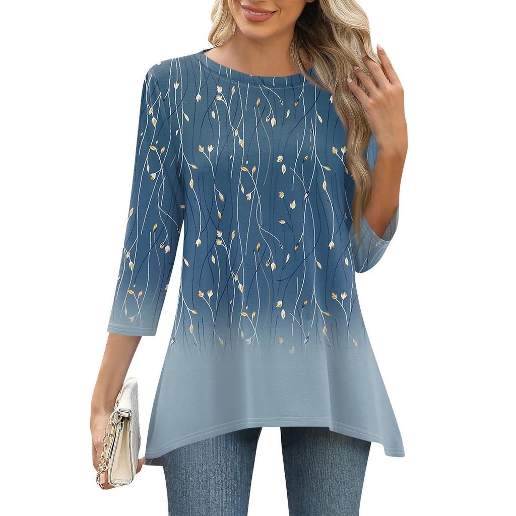 3/4 Sleeve Tunic Tops For Women Printed Daily Weekend Loose Fit Fashion Basic Round Neck T Shirt