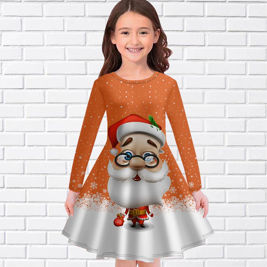 Повседневное платье для девочек с принтом Санта-Клауса и круглым вырезом, с длинными рукавами, детское платье принцессы