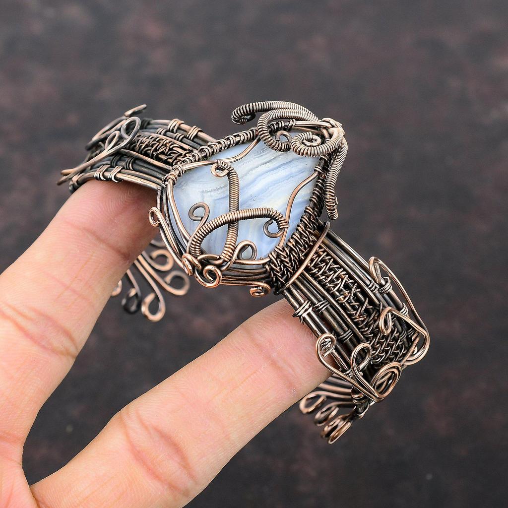 Браслет из голубого кружевного агата, браслет-манжета из медной проволоки с драгоценными камнями, ювелирные изделия ручной работы, регулируемый браслет-манжета, подарок для мамы, ювелирные изделия из медной проволоки