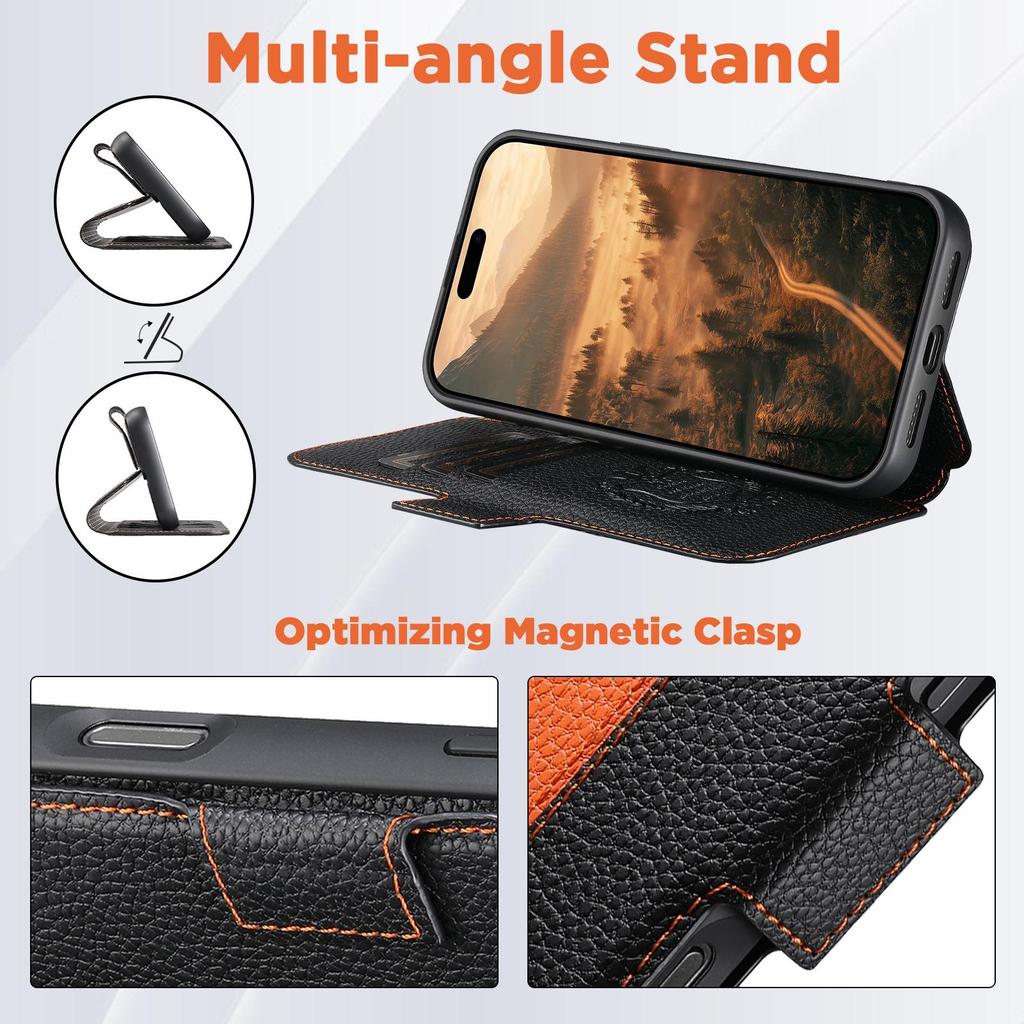 Чехол-книжка для iPhone 17: Слот для карт, Магнитная застежка, Подставка для беспроводной зарядки, Кошелек с цветными блоками, Кожа