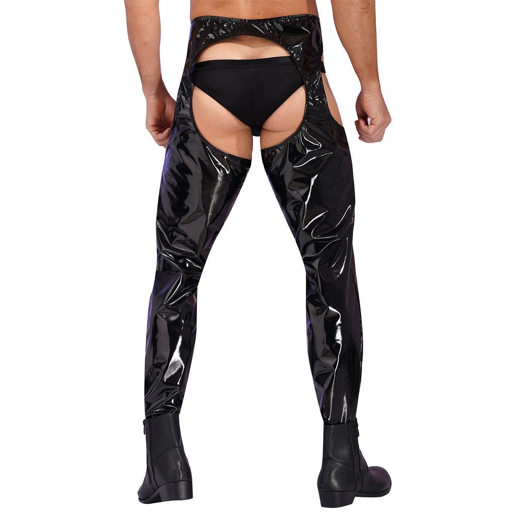 Mens High Waist Patent Leather Pants Cutout Design Nightclub Attire