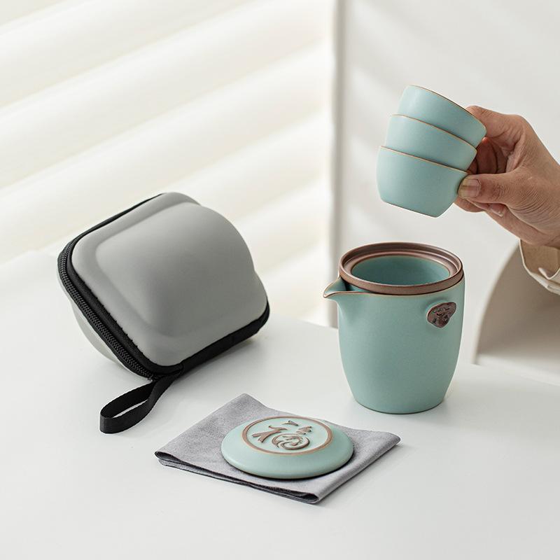 Tianqing Ru Kiln Kuaike Cup One Pot Three Cups Travel Tea Set Outdoor Camping Tea Pot Portable Kung Fu Tea Set Gifts