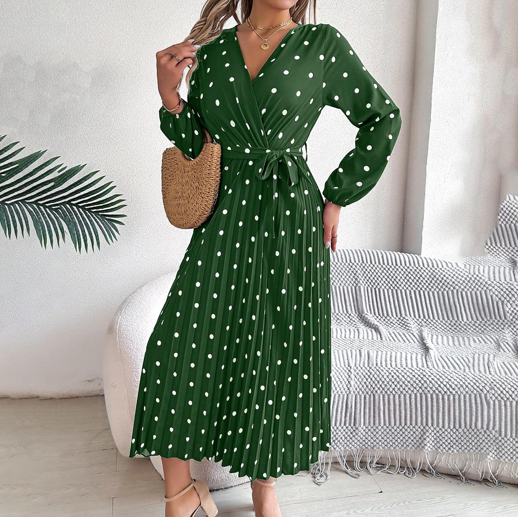 Осень-зима Женское длинное платье в горошек с завышенной талией и длинными рукавами