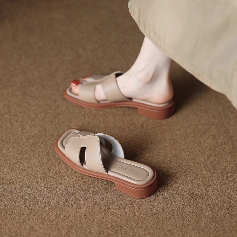 Летняя женская обувь из мягкой кожи на низком каблуке с квадратным носком, в римском ретро-стиле, коричневые французские женские сандалии с открытыми пальцами