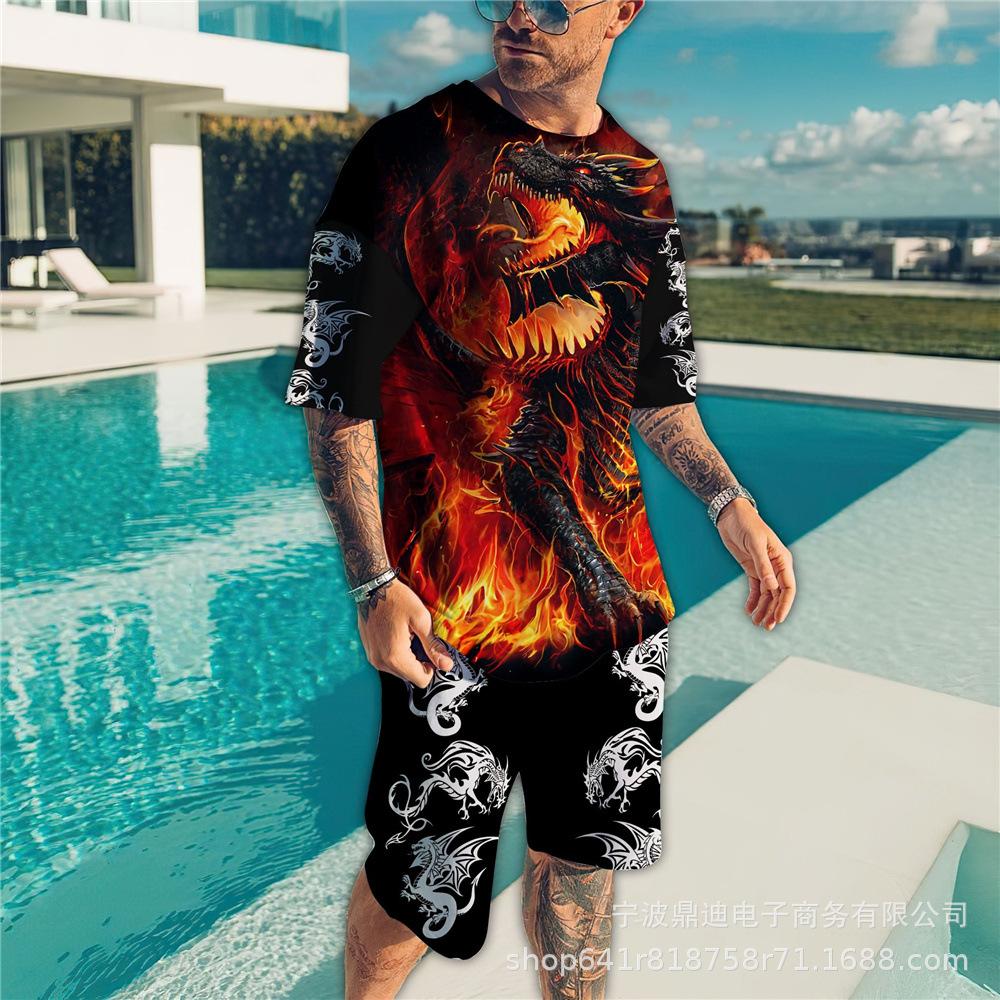Летняя мужская футболка с 3D принтом и круглым вырезом, шорты с короткими рукавами, комплект из двух предметов, модная повседневная классная уличная одежда, спортивный костюм большого размера