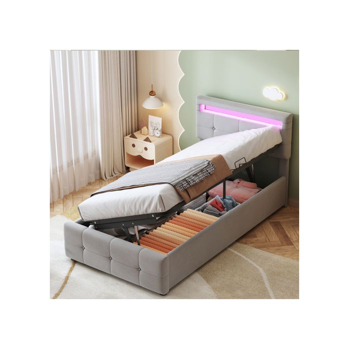 Lit D'enfant - MUVOE - 90x200 Cm - Éclairage LED - Tête Réglable - Rangement Hydraulique