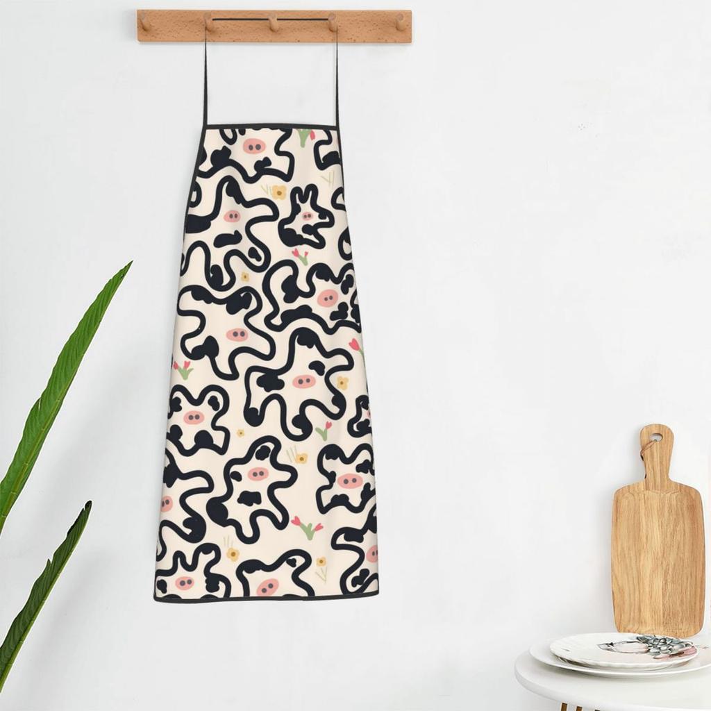Cute Cow Moo Print Aprons Chef Cooking Cuisine Tablier Bib Kitchen Cleaning Pinafore for Women Men Gardening