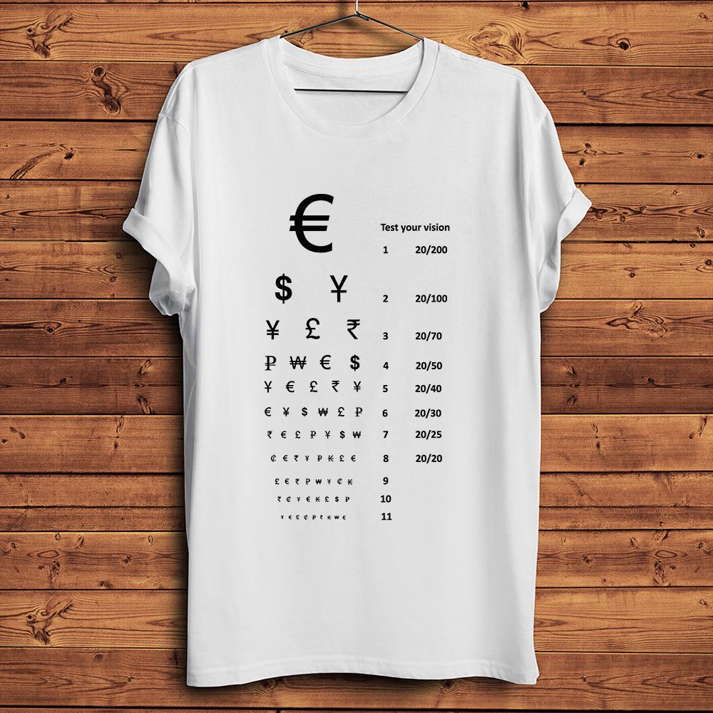 Currency Symbol Visual Acuity Chart Funny Creative Tshirt,White Casual Short Sleeve Tee,High De