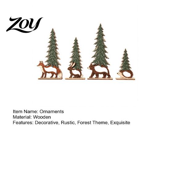 Decorative Accents for Garden And Balcony 4Pcs Wooden Animal and Pine Ornaments, Fox Rabbit Bear Hedgehog Elegant Handcrafted Wood Art Figurine,