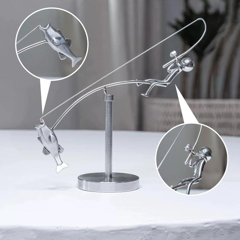 Desk Ornament The Fisherman Balancing Sculpture Metal Fishing Statue for Home & Office Decor