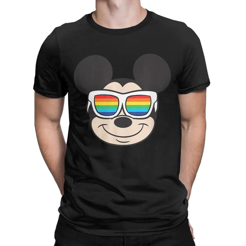 Mickey Mouse T Shirt Men's Pure Cotton Novelty T-Shirt Round Collar Rainbow Sunglasses Tees Short Sleeve Clothing Big Size