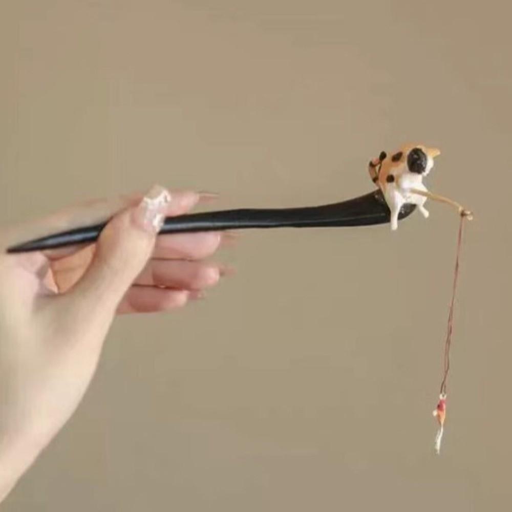 Chinese Style Cat Fishing Hair Stick Black Sandalwood Hanfu Hairpin Antique Wooden Hair Stick  Girl