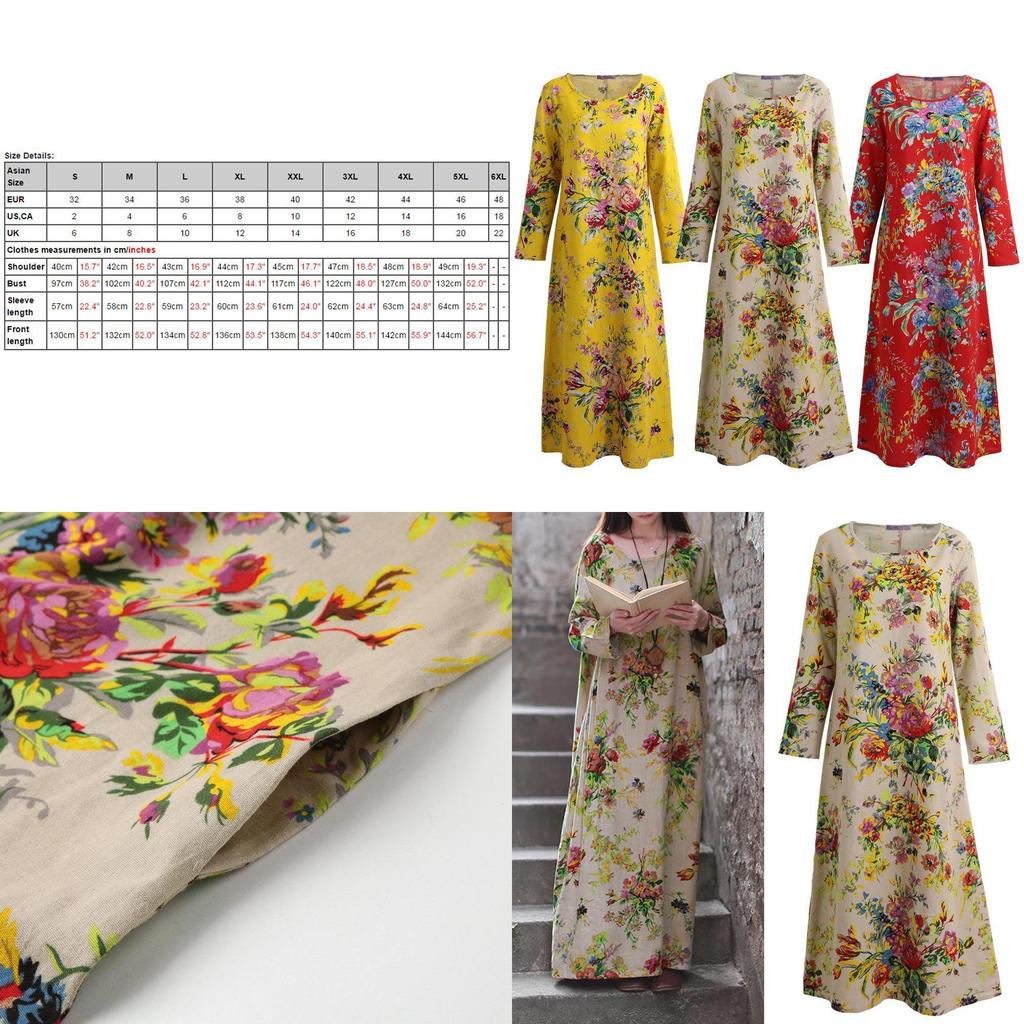 Vintage Women Casual Boho Dress Maxi Loose Long Cotton Dress Floral Sleeve Linen