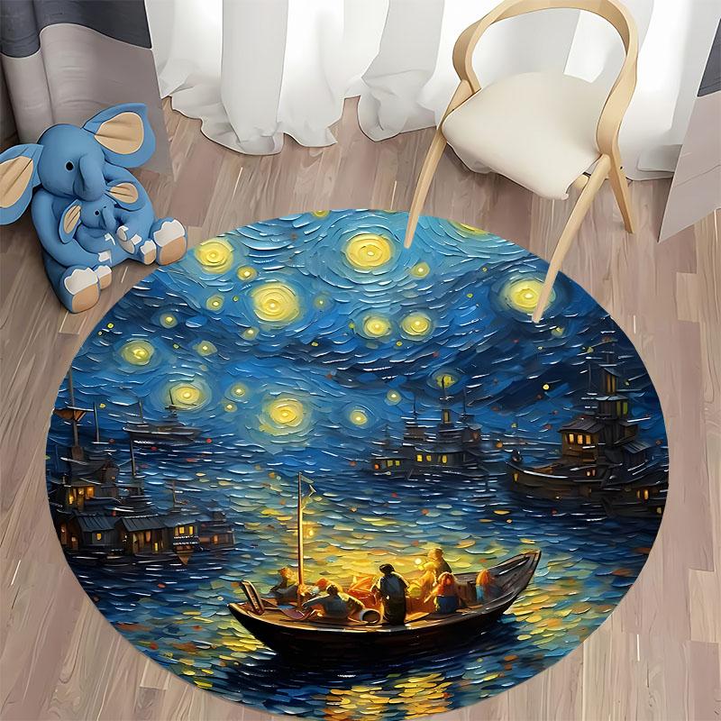 Starry Night Boat Ride Artistic Round Carpet for Living Room round carpet for home sofa bedroom, gift