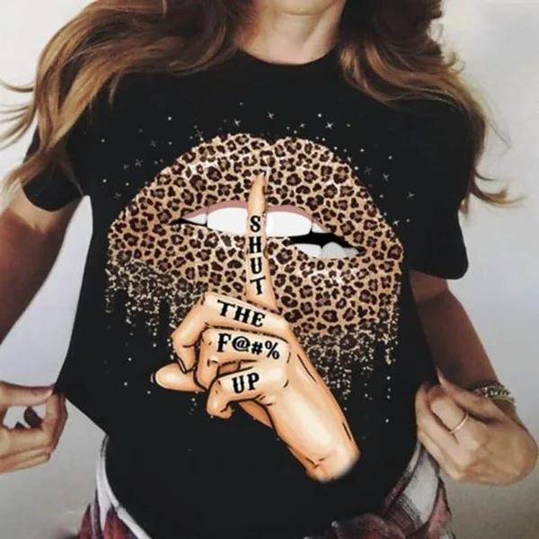Футболка с принтом «Leopard Lip Shut Up» для женщин с коротким рукавом и круглым вырезом, свободная футболка, летняя женская футболка, топы, Camisetas Mujer