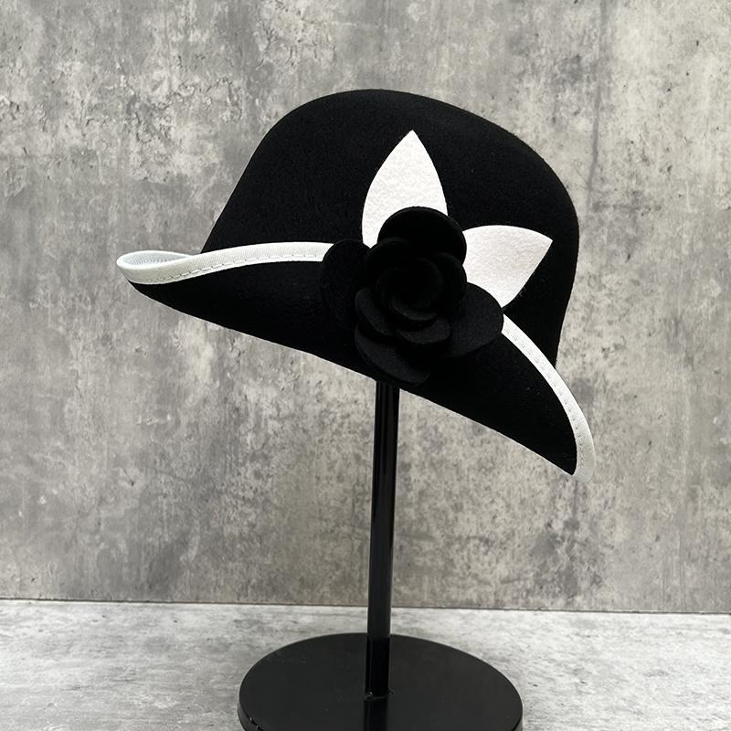 Шерстяная шляпа-ведро в стиле Хепберн, женская, французская, ретро, элегантная, шляпа-горшок с камелией, контрастная отделка, универсальная шляпа-топ