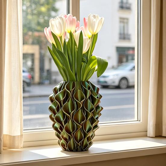 3D Printed Red Gold Flower Vase Sculptural Wave Geometric Textured Decorative