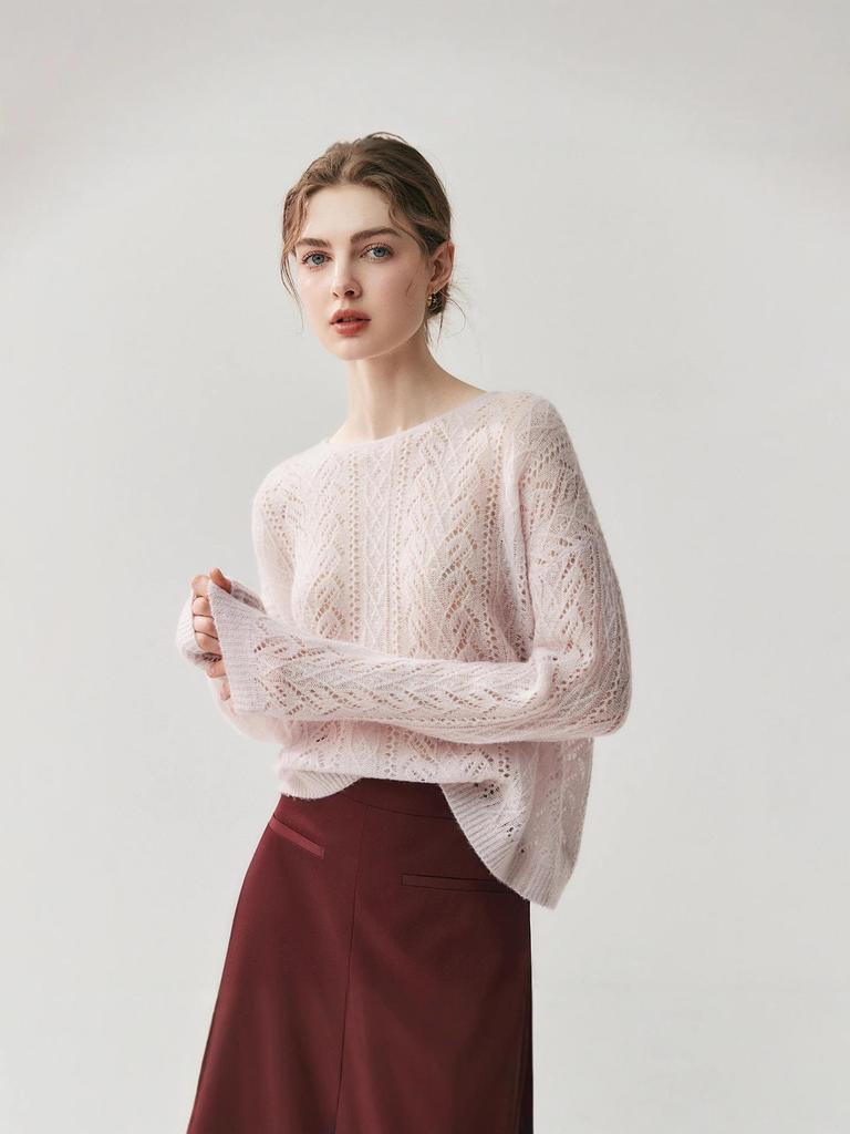 Loose Velvet Cashmere Sweater: 2025 Autumn/Winter Round Neck Hollow Knit Women's Cardigan