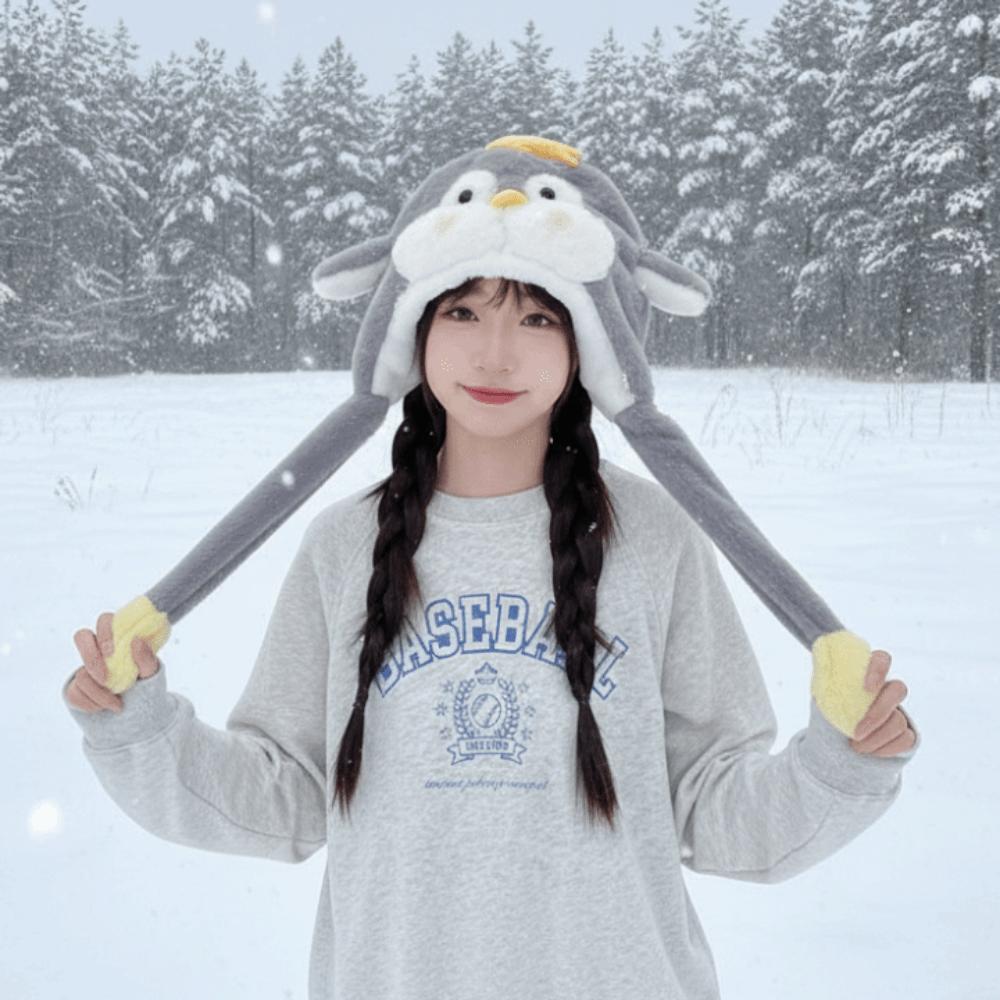 Kawaii Fluffy Pullover Hat Windproof Warm Lei Feng Cap Sweet Penguin Ear Moving Hat Girls