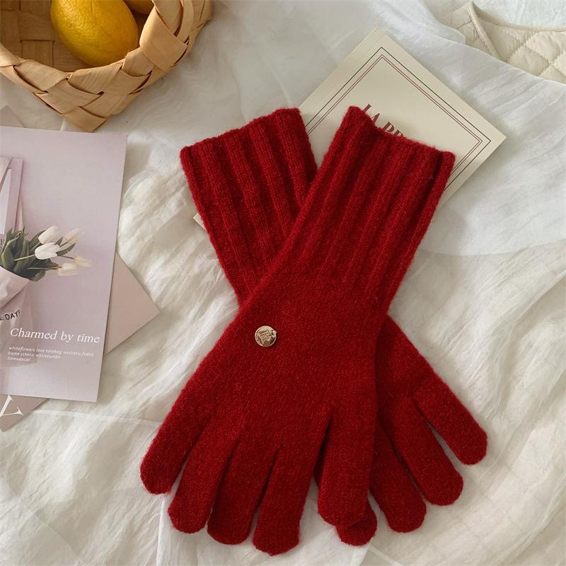 Новогодние красные вязаные шерстяные перчатки для женщин зимние в корейском стиле без пальцев с сенсорным экраном студенческие парные для сохранения тепла