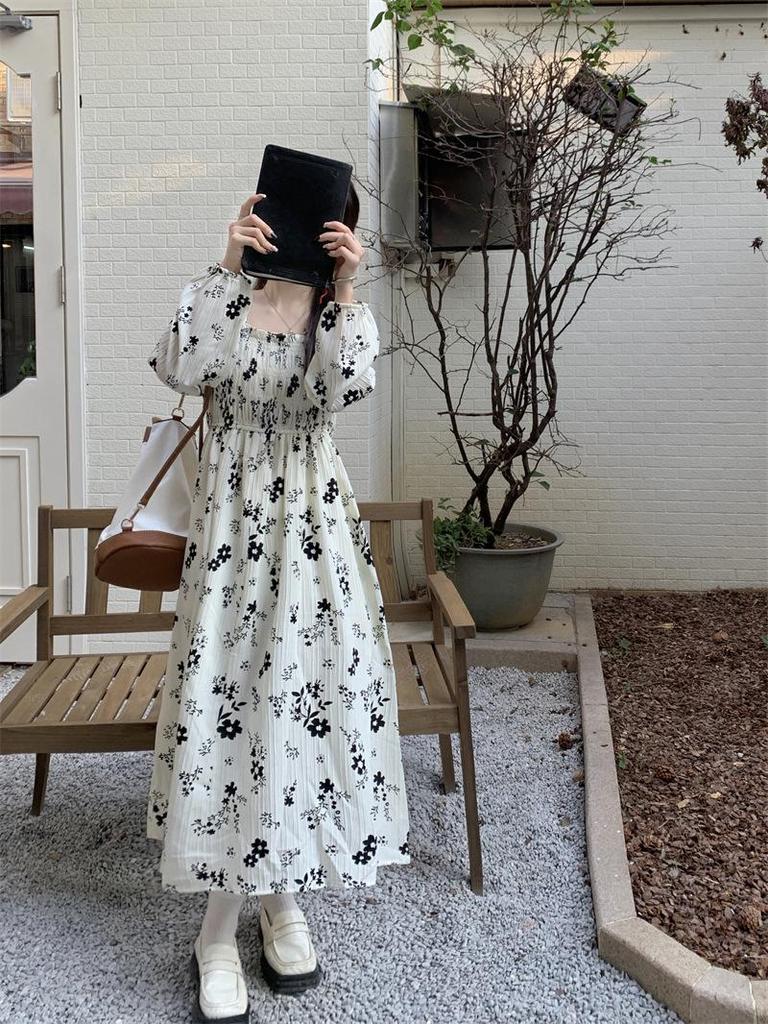 Women's Floral French-Style Slim Long Dress - Autumn/Winter 2022