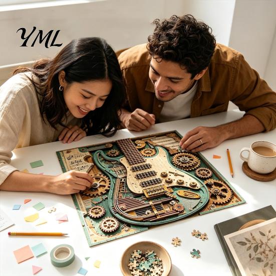 Hard Jigsaw Puzzles 1/2 Sets 1000Pcs Steampunk Guitar Art Puzzle, Gear Puzzle Adults Challenge Game, Educatoional Musical Instrument Toy for