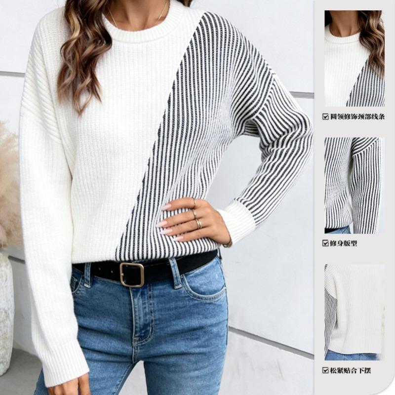 Women S Loose Fit Striped Color Block Long Sleeve Round Neck Knit Sweater