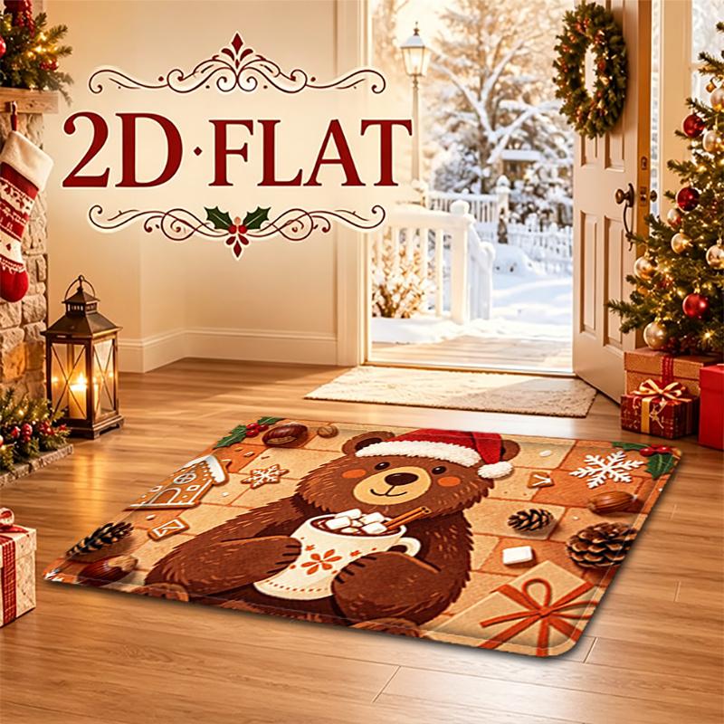 2D Printed Pattern Christmas Holiday Decorative Mat, Featuring a Brown Bear Wearing a Santa Hat and Holding Hot Cocoa, Fun Rug with Machine-Washable D