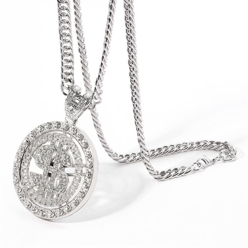 Men Hip Hop Rotating Dollar Pendant Long Necklace Rhinestone Jewelry Accessories