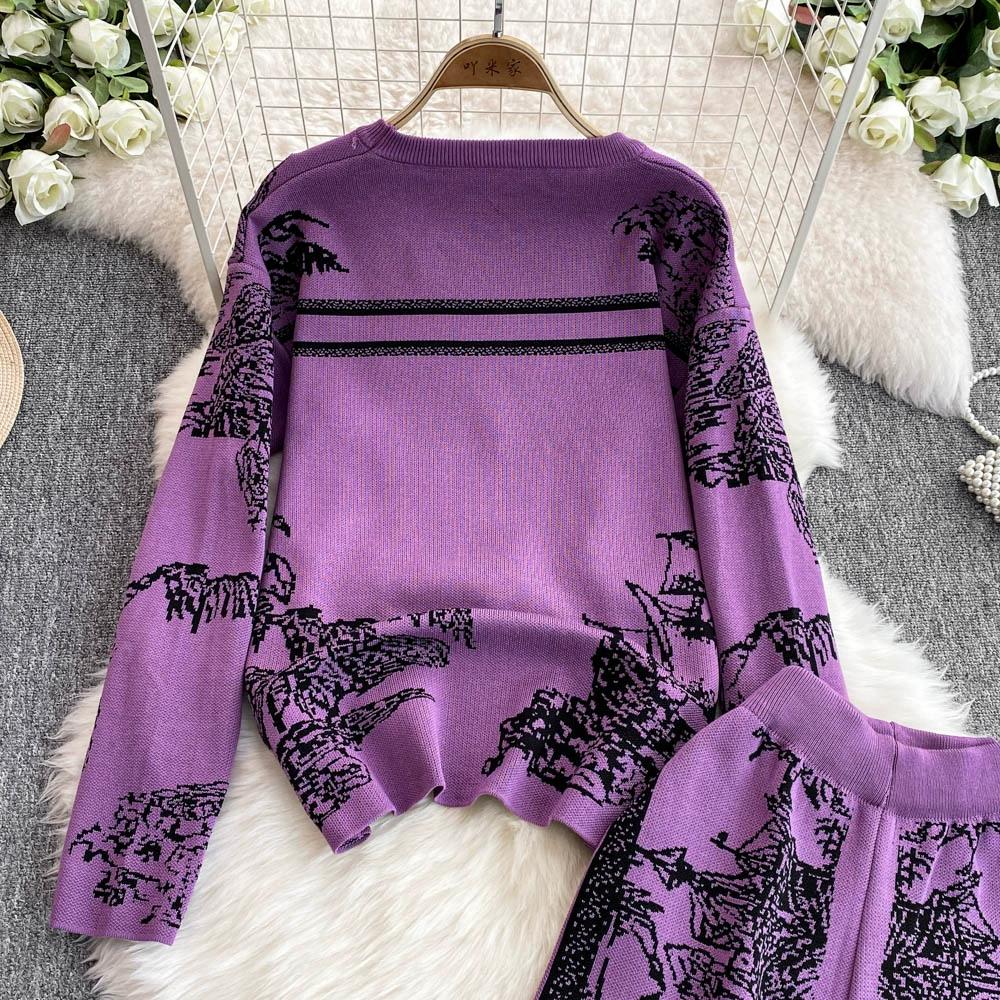 Осенне-зимний элегантный женский комплект одежды для отдыха из 2 предметов, трикотажные брюки, дизайнерский винтажный вязаный свитер с цветочным принтом