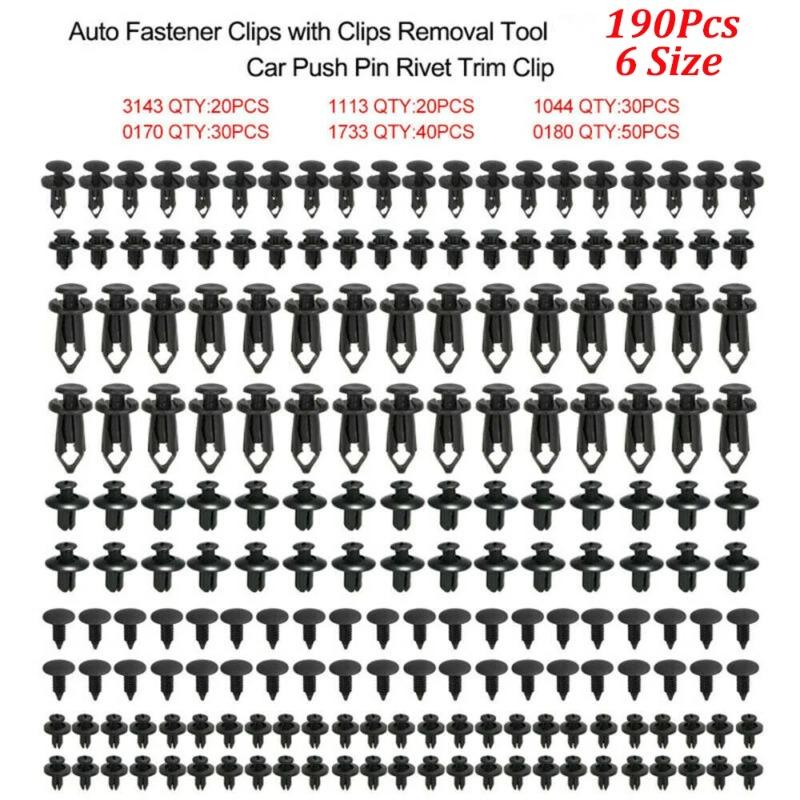 190 автомобильных крепежных зажимов, 6 типов пластиковых комплектов крепежа, зажимы для декоративных панелей автомобиля, наборы заклепок для бампера смешанного типа. Пластиковые смешанные автомобильные зажимы.