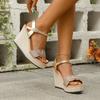 Модные женские сандалии с открытым носком, модные туфли на высоком каблуке для женщин, летние плетеные однотонные сандалии-клинья на платформе, женские сандалии