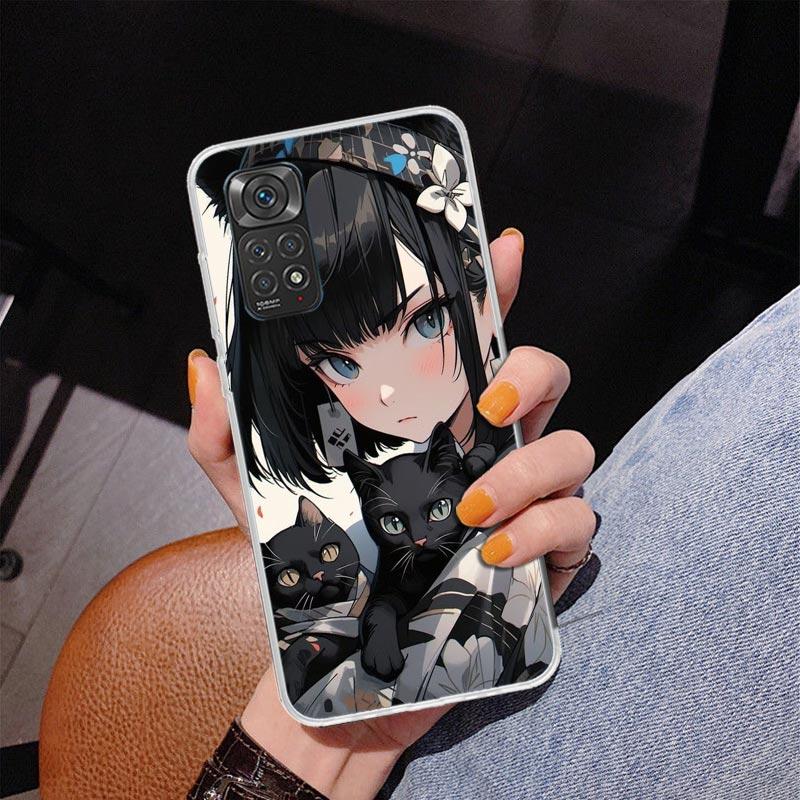 Милый черный кот в стиле аниме Чехол для телефона Для Xiaomi Redmi Note 15 14 13 12S 12 11 Pro Plus 14S 11S 11E 10 10S 11T 5G Персонализированный C