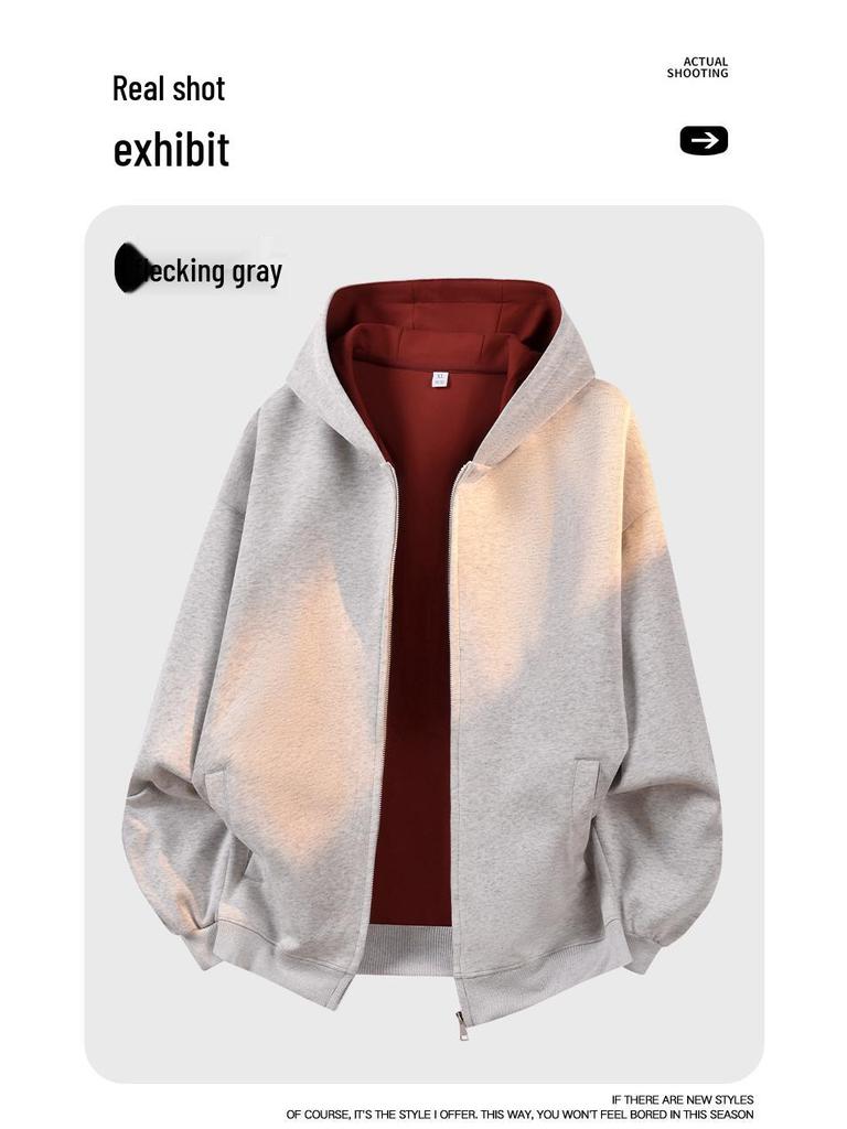 American-Style Heavyweight Casual Hoodie: New Spring Trend, Loose Fit, Color-Blocked Design, Versatile Couple's Cardigan.