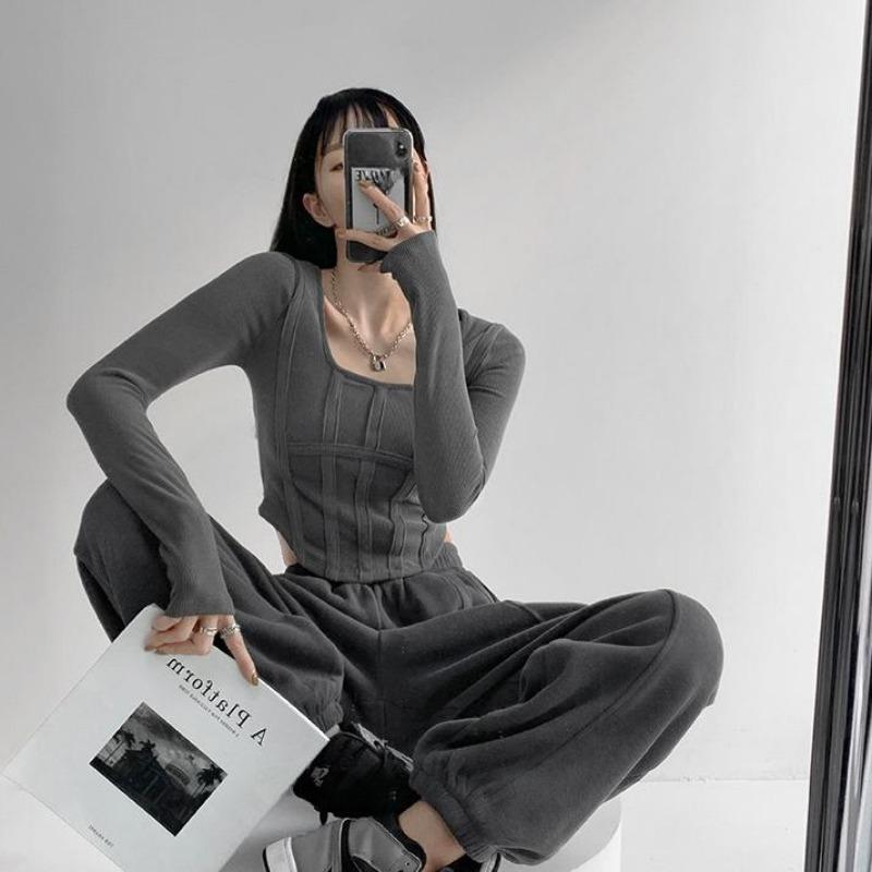 2KWEIRD Y2k Футболка Девочки Кроп-топы Весна Женские С длинным рукавом Круглый вырез Хлопковые рубашки Бюстье Харадзюку Пуловер Уличная одежда Всепогодная футболка