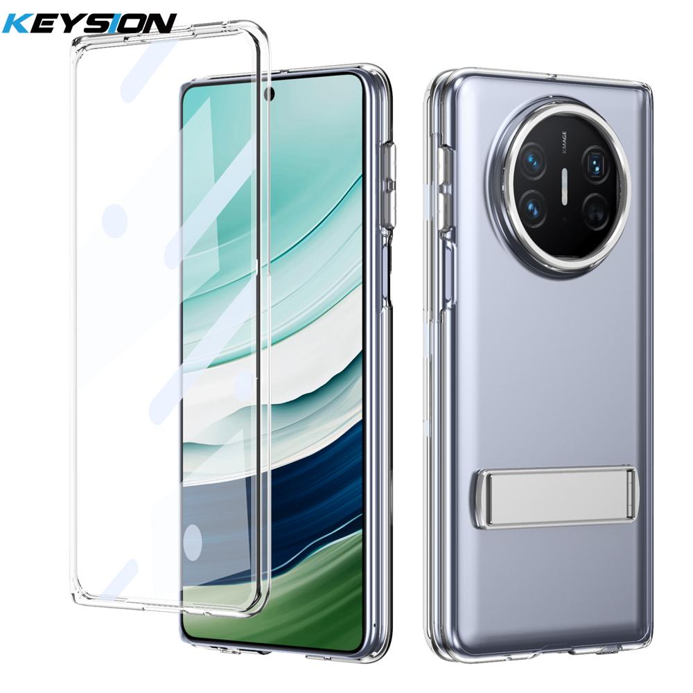KEYSION Прозрачный чехол для Huawei Mate X6 X5 X3 Жесткий ПК Металлический Подставка Противоударный Чехол для телефона со стеклянным защитным экраном