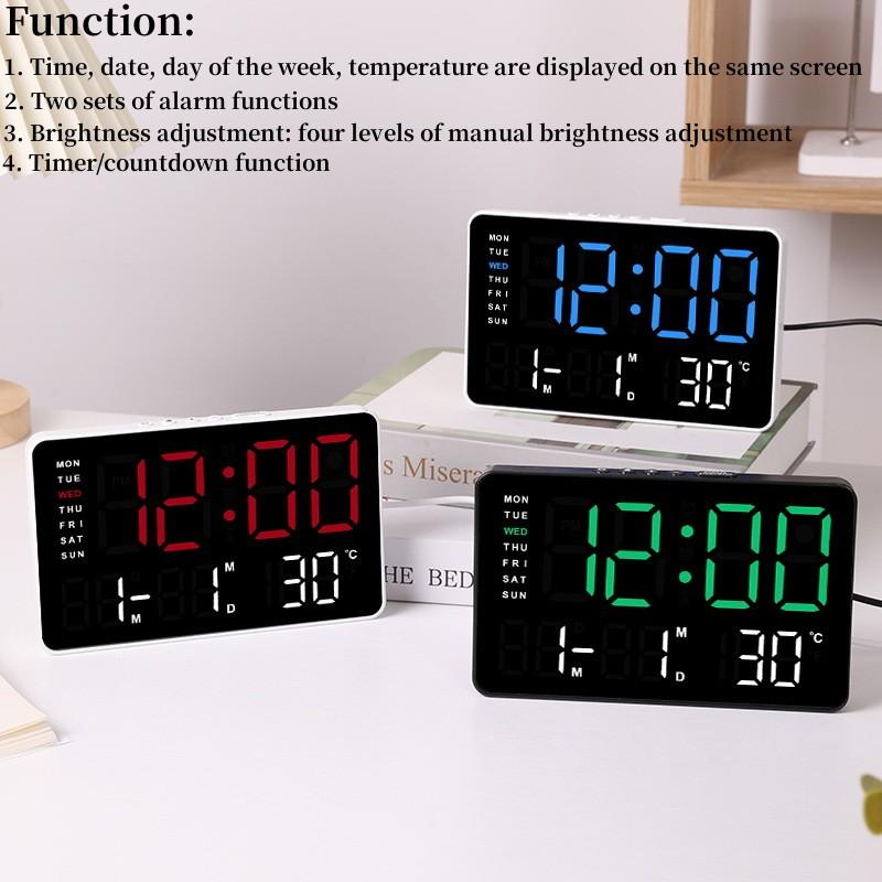 USB Powered Digital Wall Clock Electronic LED Alarm Clock Timer Brightness Adjustment TEMP Display 2 Alarms 12/24H Table Clock